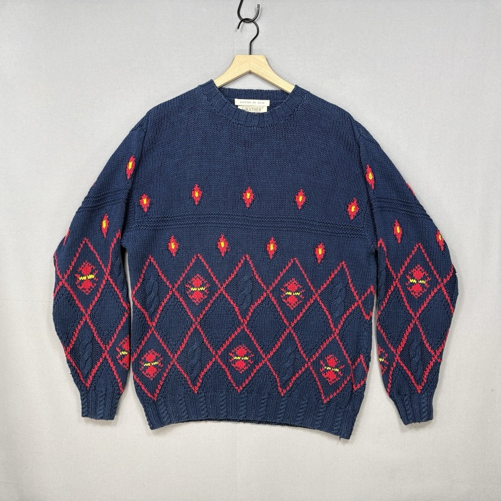 VTG 90s Heather & Tweed L Heavyweight Hand Knitted Cableknit Aztec Sweater
